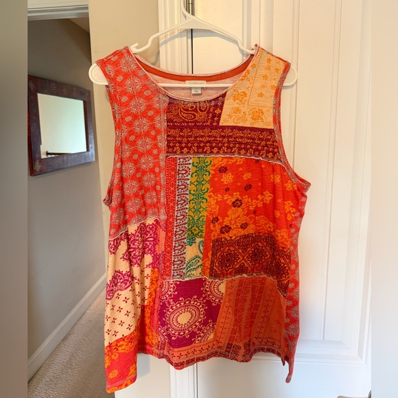 Sundance Tops - Sundance Sleeveless Patchwork Print Tank Top - Orange Multi